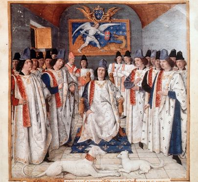 Jean Fouquet : le Roi Louis XI entour des chevaliers et des officiers de l'Ordre. (statut de l'Ordre de St Michel, f.1, cat. n29)